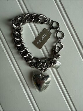 CHICO'S Thick Chunky Silver Tone Heart Charm Bracelet Heavy Solid HEART NWT